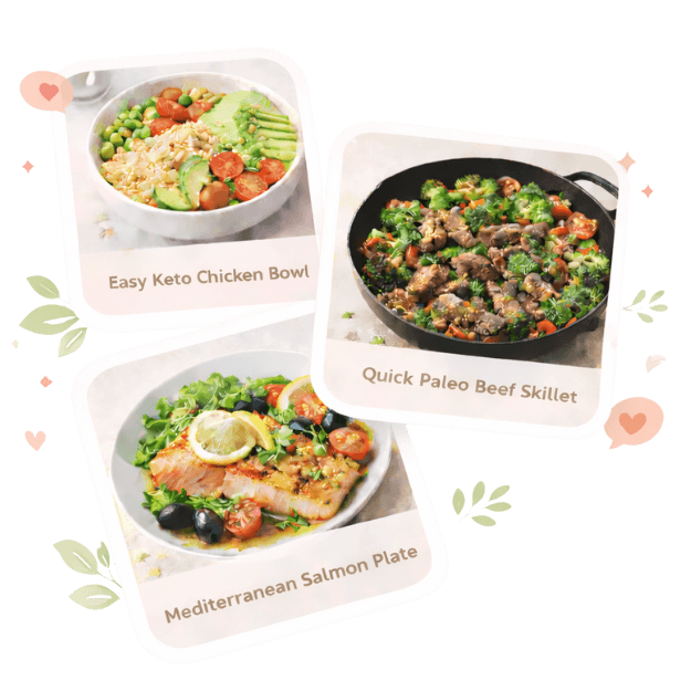 Three healthy meal cards showing keto chicken bowl, paleo beef skillet and Mediterranean salmon plate on a clean white background with decorative hearts and leaves
